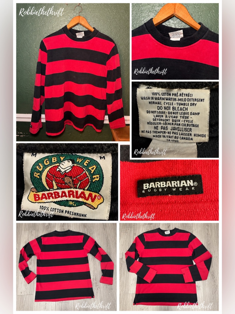 Vintage Barbarian Rugby Wear Striped Heavyweight Shirt Size Medium Red Black